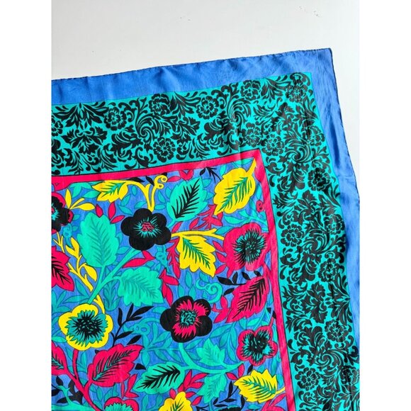 Vintage Unbranded Blue Green Tropical Floral Silk Habotai 31" x 31" Square Scarf - Picture 5 of 14
